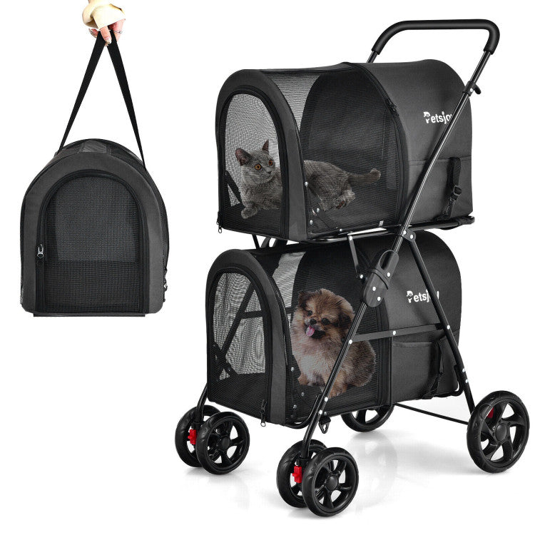Double Pet Stroller with Detachable Carriers