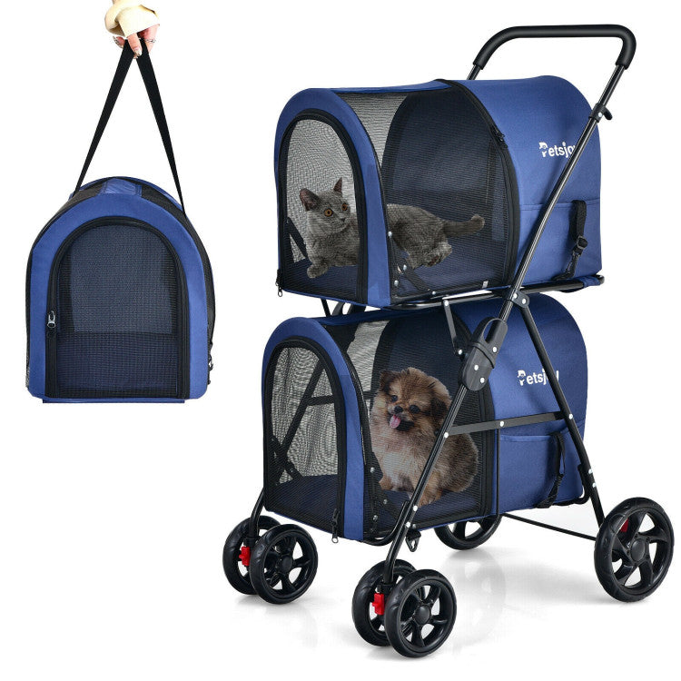 Double Pet Stroller with Detachable Carriers