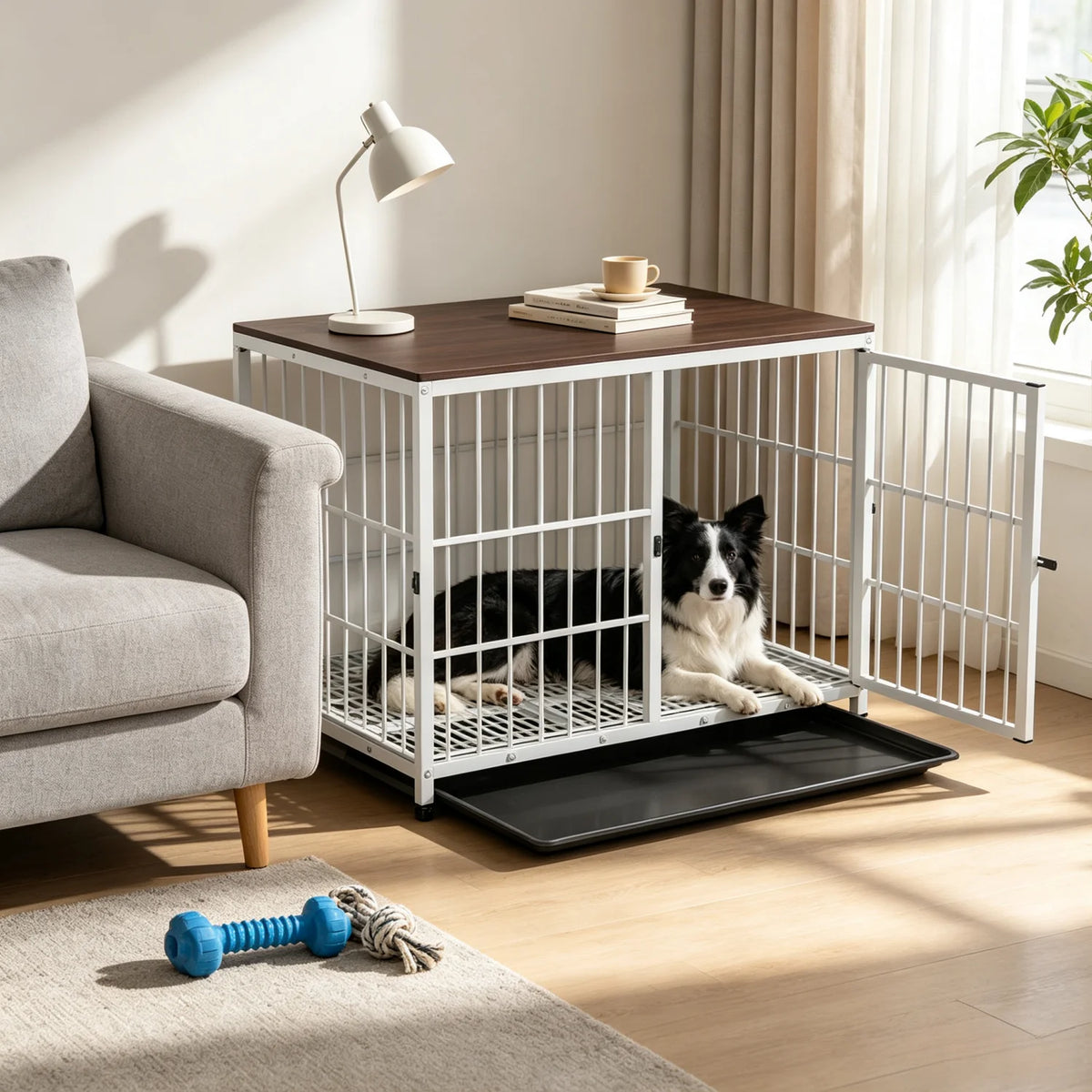 Furniture-Style Dog Crate with 3 Doors & Removable Tray