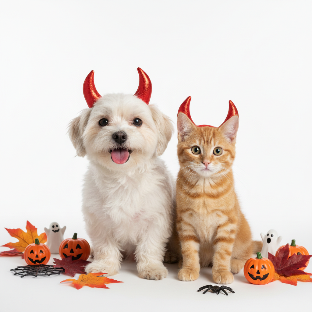 Dog and cat wearing red devil horns headbands for Halloween