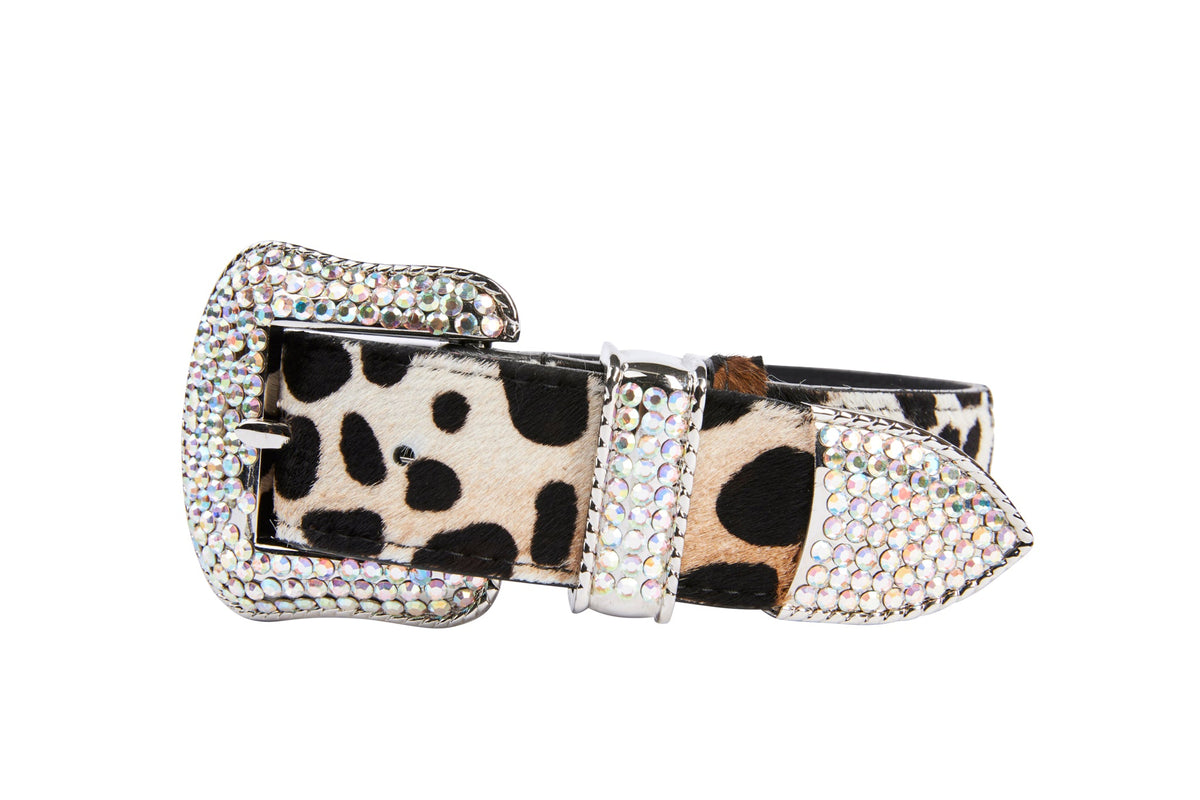 Luxury Pet Fashion Animal Print Hair On Hide Italian Leather Collar With Swarovski Crystal Hardware